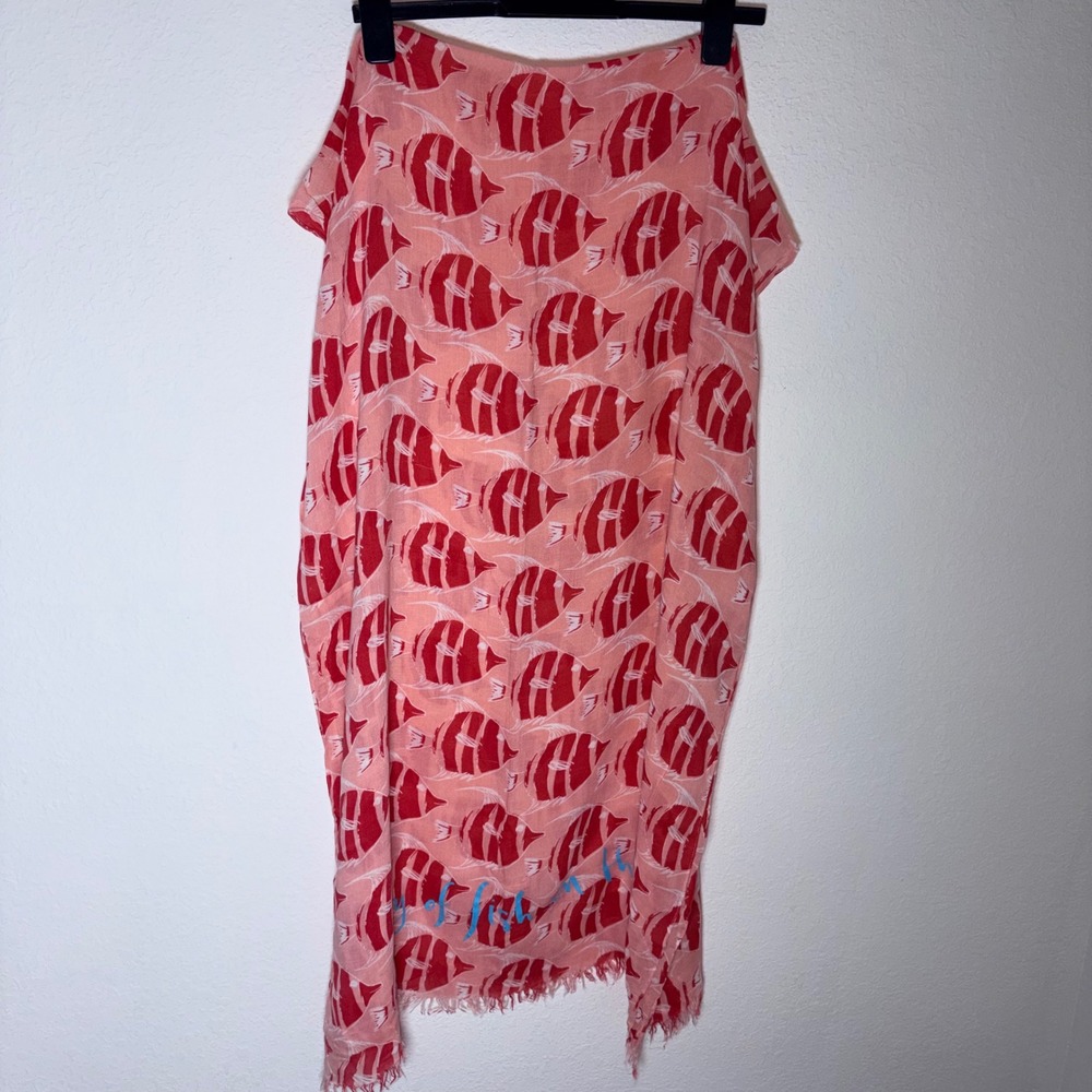 Kate Spade Scarf Pink Red plenty of Fish Print Frayed Edge Oblong Wrap 27 " wide